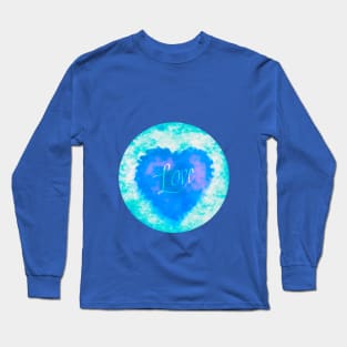 AQUA LOVE HEART CIRCLE, BLUE AND TURQUOISE, HANDWRITTEN WORD LOVE Long Sleeve T-Shirt
